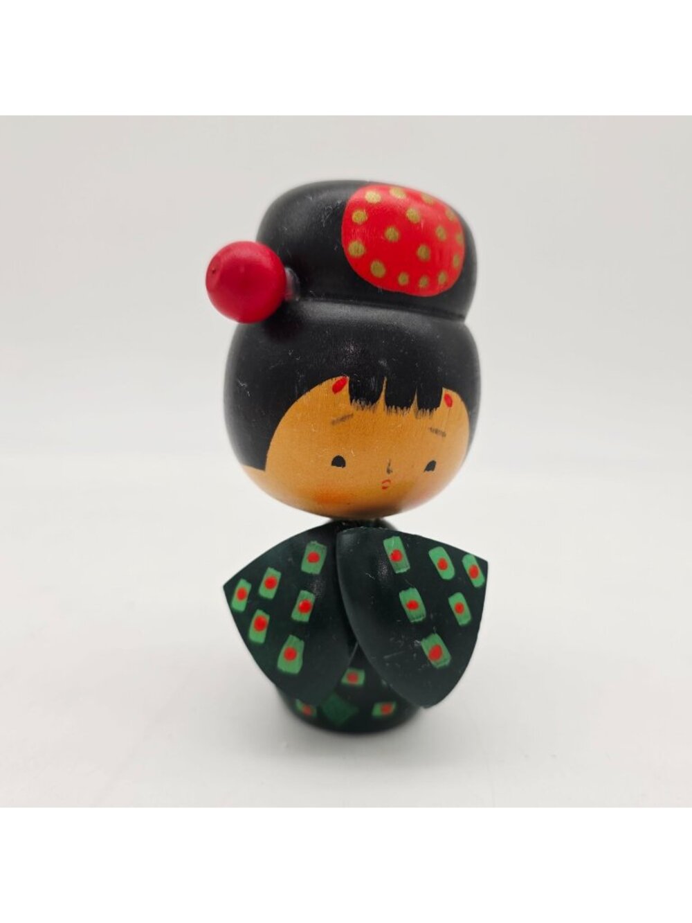 Japanese Kokeshi Doll With Green & Red Floral Accents 4.25" Signed Hand-Painted